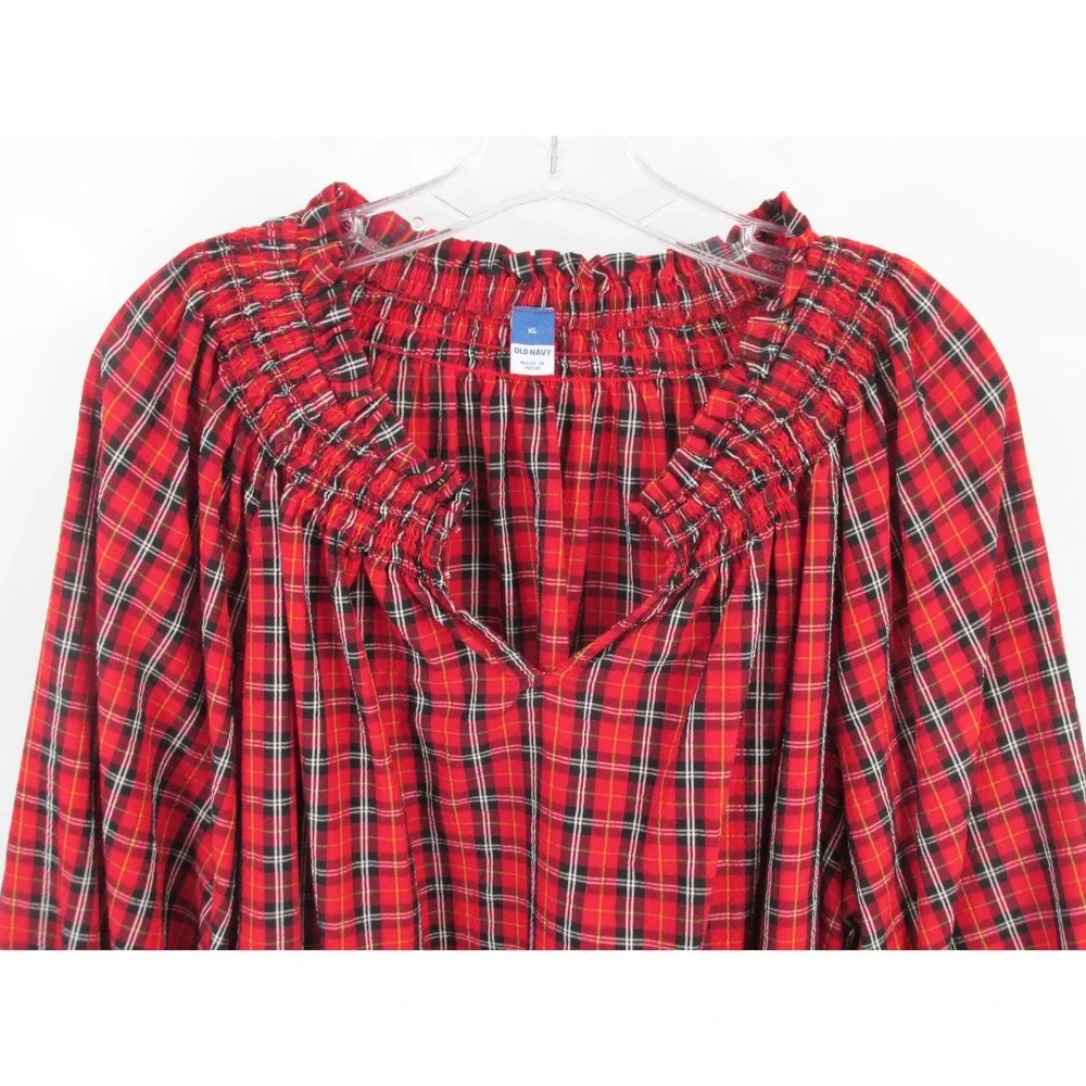 Old Navy Women XL Red Plaid Peasant Top Puff Sleeve Smocked Modal Blouse